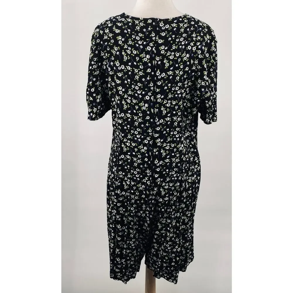 Vintage 90s Floral Romper Mini Dress Split Front A Line Black White Womens 16 1X - Picture 7 of 10